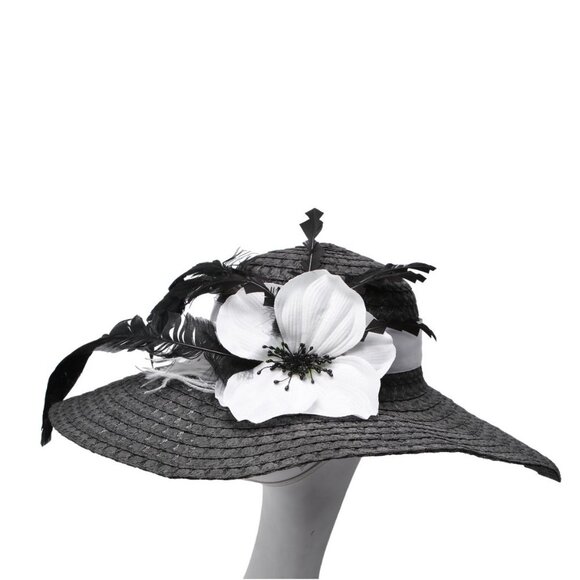 Woven Faux Straw Large Brim Hat Feathers Flowers Queens Plate Summer Black White - Picture 9 of 12
